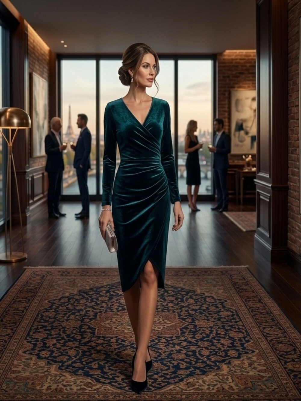 Women’s Green Velvet Asymmetrical Wrap Sheath Dress Long Sleeve Cocktail  Small
